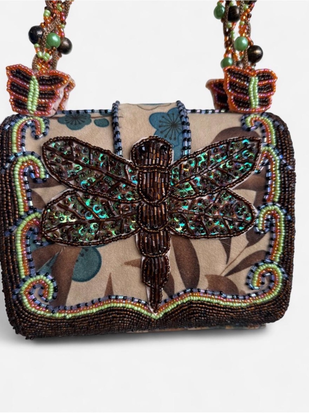 Vintage J&X NY Beaded Dragonfly Shoulder Bag Boho Floral Handbag Butterfly Strap